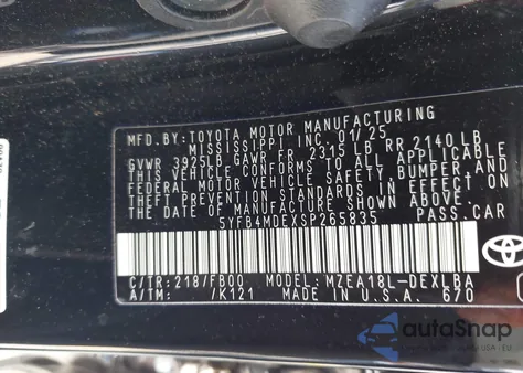 2025 Toyota Corolla Le z USA, uszkodzony, nr VIN 5YFB4MDEXSP265835